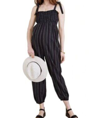 Hatch Maternity Black Cotton Striped Smocked Stretch Jumpsuit Pants Size 0 XS